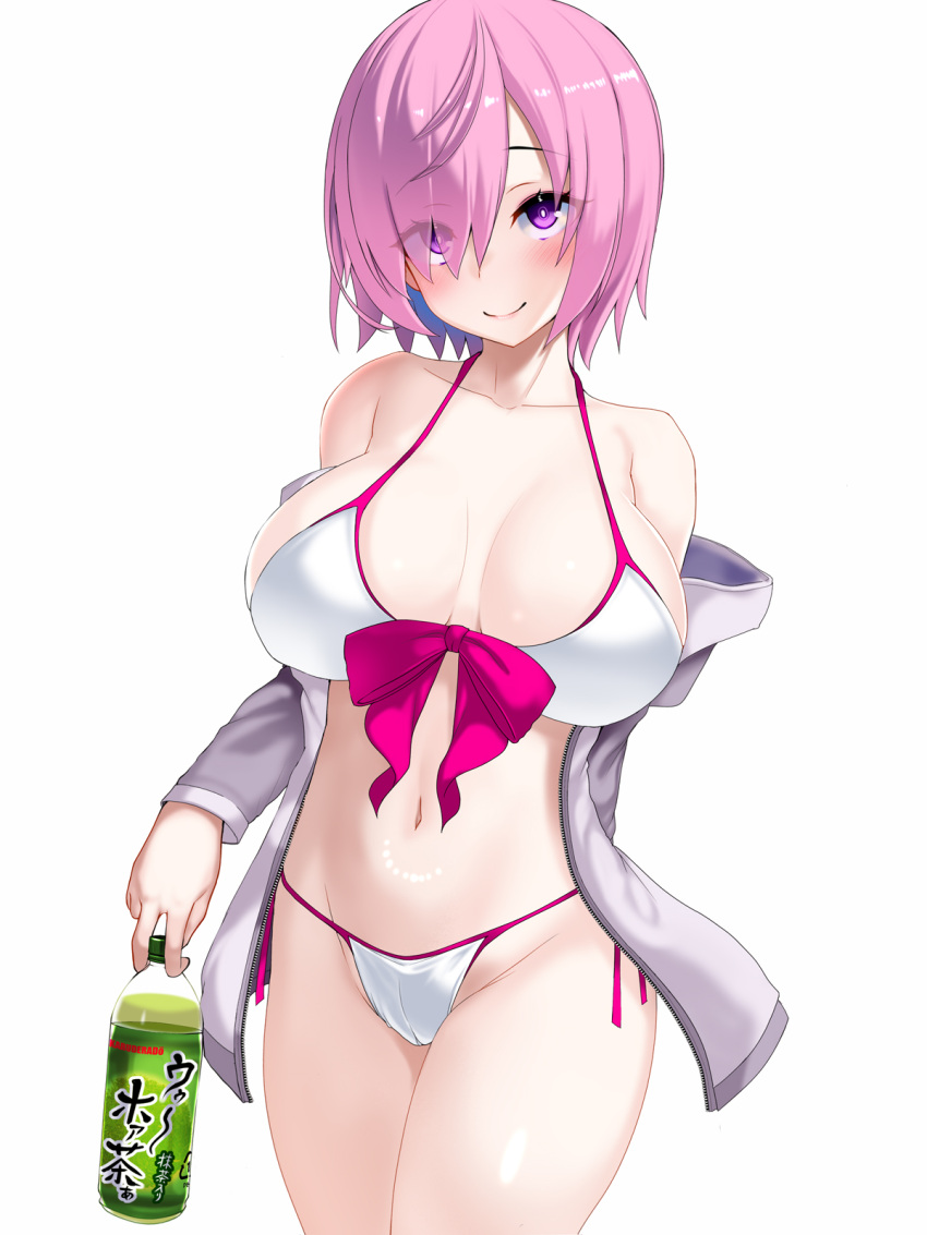 bikini bottle breasts collarbone eyes_visible_through_hair fate/grand_order fate_(series) female hair_over_one_eye highres holding holding_bottle large_breasts mash_kyrielight navel okuri_banto pink_hair plastic_bottle purple_eyes short_hair side-tie_bikini_bottom simple_background solo standing swimsuit thighs white_background white_bikini