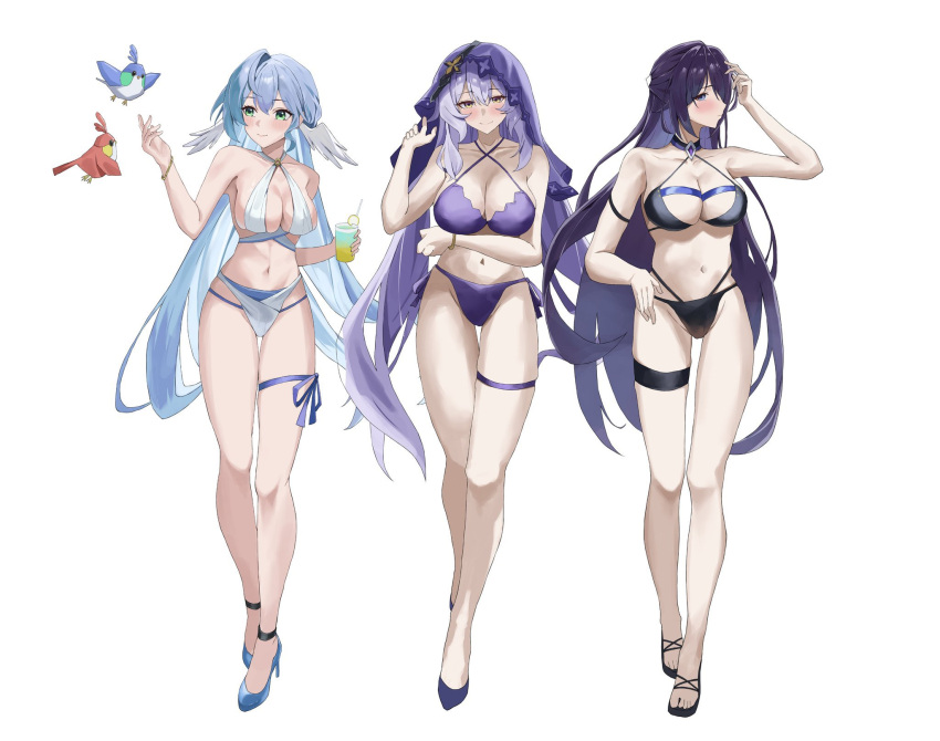 3girls acheron_(honkai:_star_rail) adapted_costume alternate_costume arm_strap arm_under_breasts bare_legs bare_shoulders bikini bird black_bikini black_choker black_swan_(honkai:_star_rail) blue_footwear blue_hair blush bracelet breasts choker cleavage closed_mouth collarbone commentary_request criss-cross_halter criss-cross_straps full_body green_eyes groin hair_between_eyes hair_ornament halterneck hand_up head_wings higashiwun_izumi high_heels highres honkai:_star_rail honkai_(series) jewelry large_breasts long_hair looking_at_viewer multiple_girls navel origami_bird_(honkai:_star_rail) purple_bikini purple_eyes purple_footwear purple_hair purple_veil robin_(honkai:_star_rail) sandals side-tie_bikini_bottom simple_background smile stomach swimsuit thigh_strap thighs toeless_footwear very_long_hair white_background white_bikini wings yellow_eyes