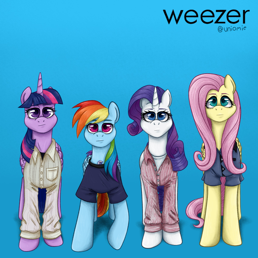 alicorn blue_body blue_eyes clothed clothing dress_shirt equid equine female fluttershy_(mlp) friendship_is_magic green_eyes group hair hasbro hi_res horn horse mammal multicolored_hair music_cover my_little_pony mythological_creature mythological_equine mythology pegasus pink_eyes pink_hair pony purple_body purple_eyes purple_hair rainbow_dash_(mlp) rainbow_hair rarity_(mlp) shirt topwear twilight_sparkle_(mlp) unicorn uniomie weezer weezer_(blue_album) white_body wings yellow_body