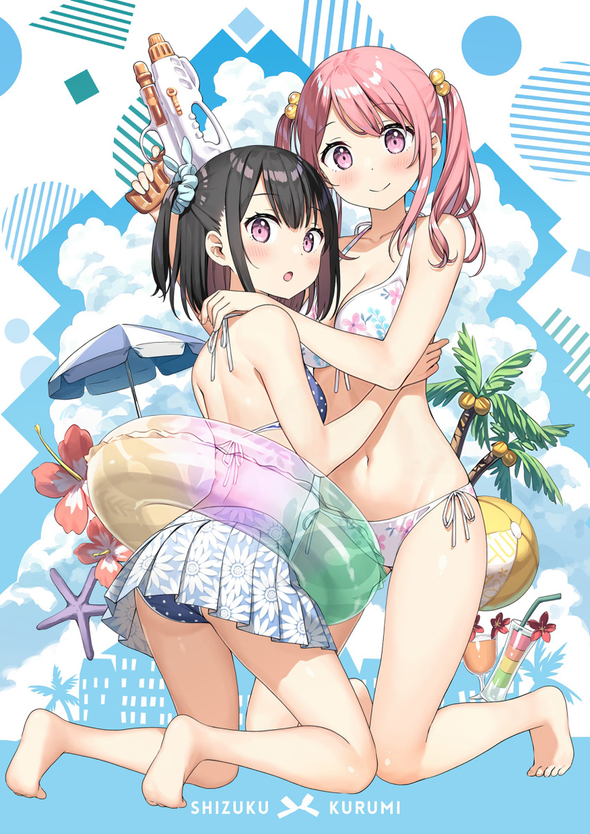 2girls :o abstract_background ball beachball bikini black_hair cloud cocktail coconut coconut_tree feet floral_print_bikini floral_print_skirt flower full_body hair_bobbles hair_ornament hair_scrunchie hibiscus highres holding holding_water_gun house hug kantoku kneeling kurumi_(kantoku) looking_at_viewer multiple_girls one_side_up original palm_tree parasol pink_eyes pink_hair pinup_(style) pleated_skirt polka_dot polka_dot_bikini scrunchie shizuku_(kantoku) skirt smile soles starfish swimsuit tree twintails umbrella water_gun