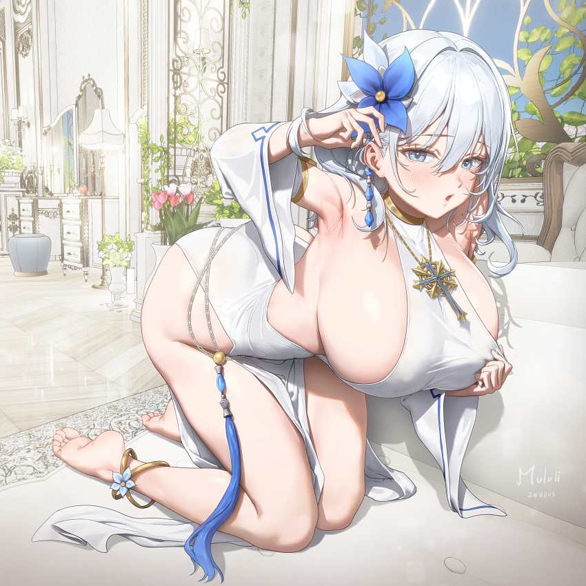 absurdres armpits barefoot blue_eyes blue_flower blush breasts church clothes_pull commentary_request commission cross cross_necklace dated detached_sleeves dress dress_pull feet female flower hair_between_eyes hair_flower hair_ornament highres huge_breasts jewelry kneeling leaf long_hair looking_at_viewer muloli naala necklace open_mouth original plant potted_plant sidelocks signature solo toes white_dress white_hair wide_sleeves window