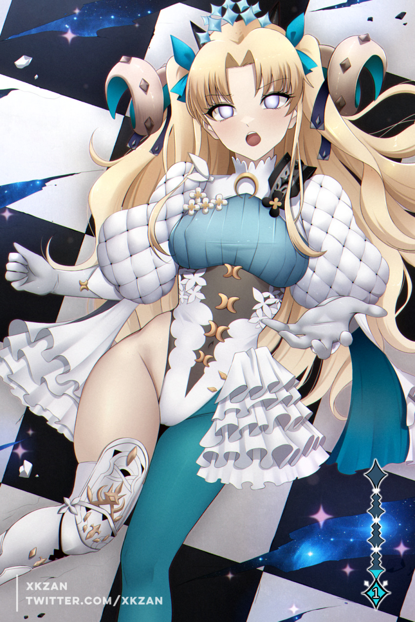 :o armor armored_boots artist_name asymmetrical_legwear blonde_hair blue_pantyhose blush bodysuit boots bow breasts checkered_floor cleft_of_venus clothing_cutout commentary_request crescent_moon crown curled_horns curtained_hair dot_nose ereshkigal_(fate) eyelashes fate/grand_order fate_(series) feet_out_of_frame female frills gameplay_mechanics gloves glowing goat_horns gold groin hair_ornament hair_ribbon headpiece highleg highleg_leotard highleg_one-piece_swimsuit highres horns jewelry large_breasts leotard long_hair long_sleeves looking_at_viewer lying moon multicolored_horns narrow_waist navel night night_sky on_back one-piece_swimsuit open_mouth outstretched_arm outstretched_hand paid_reward_available pantyhose parted_bangs pauldrons puff_and_slash_sleeves puffy_sleeves purple_eyes reaching reaching_towards_viewer ribbon shoulder_armor single_leg_pantyhose skin_tight skirt sky solo space space_ereshkigal_(fate) space_ereshkigal_(third_ascension)_(fate) sparkling_eyes star_(sky) star_(symbol) starry_sky swimsuit teeth thighhighs thighs tight_clothes twintails twitter_username two-tone_one-piece_swimsuit two_side_up uneven_legwear upper_teeth_only very_long_hair white_gloves white_leotard xkzan