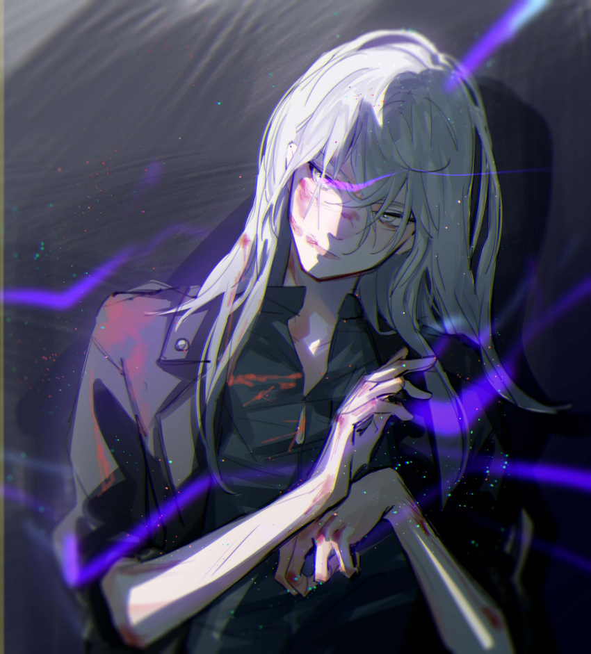 >:( 1boy azha8 black_jacket black_shirt blood blood_in_hair blood_on_face blood_on_hands closed_mouth eye_trail facing_viewer grey_background grey_eyes grey_hair hair_between_eyes head_tilt highres jacket li_bai_(wangzhe_rongyao) light_particles light_trail lips long_hair male_focus open_collar shadow shirt sideways_glance sleeves_rolled_up solo upper_body v-shaped_eyebrows wangzhe_rongyao white_hair