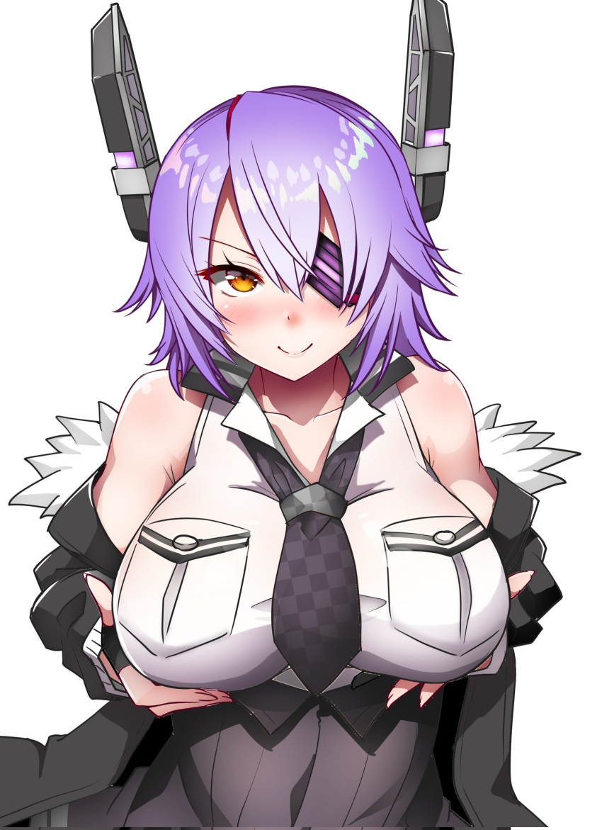 breasts checkered_necktie commentary_request eyepatch female headgear highres kantai_collection kirigakure_(kirigakure_tantei_jimusho) large_breasts necktie off_shoulder orange_eyes purple_hair shirt sleeveless sleeveless_shirt smile solo tenryuu_(kancolle) tenryuu_kai_ni_(kancolle) upper_body