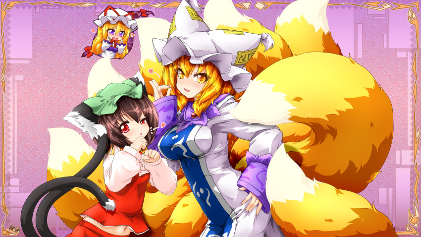 3girls :d \||/ absurdres animal_ear_fluff animal_ears blonde_hair blue_tabard bow breasts brown_hair cat_ears cat_tail chen chibi commentary_request dot_nose dress eyes_visible_through_hair fox_shadow_puppet fox_tail gap_(touhou) green_hat hair_between_eyes half-closed_eye hand_on_own_hip hand_up hands_up hat heart height_difference highres kazami_karasu leaning_forward light_blush long_hair long_sleeves looking_at_viewer medium_breasts medium_hair midriff mob_cap multiple_girls multiple_tails navel nekomata open_mouth parted_lips paw_pose puffy_long_sleeves puffy_sleeves purple_background red_bow red_eyes red_skirt red_vest simple_background skirt skirt_set sleeves_past_wrists smile tabard tail touhou tsurime two_tails uneven_eyes vest white_dress white_hat yakumo_ran yakumo_yukari yellow_eyes