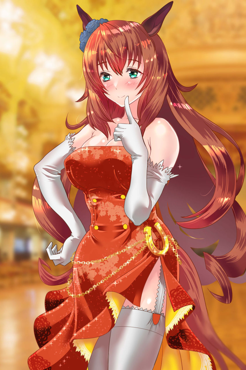 absurdres alternate_costume animal_ears aqua_eyes ballroom blurry blurry_background blush breasts brown_hair buttons cleavage closed_mouth commentary_request cowboy_shot double-breasted dress ear_ornament elbow_gloves female garter_straps gloves hand_on_own_hip highres horse_ears horse_girl horse_tail horseshoe_ornament indoors kazakoshi_nonta large_breasts long_hair maruzensky_(umamusume) red_dress smile solo tail thighhighs umamusume very_long_hair white_garter_straps white_thighhighs