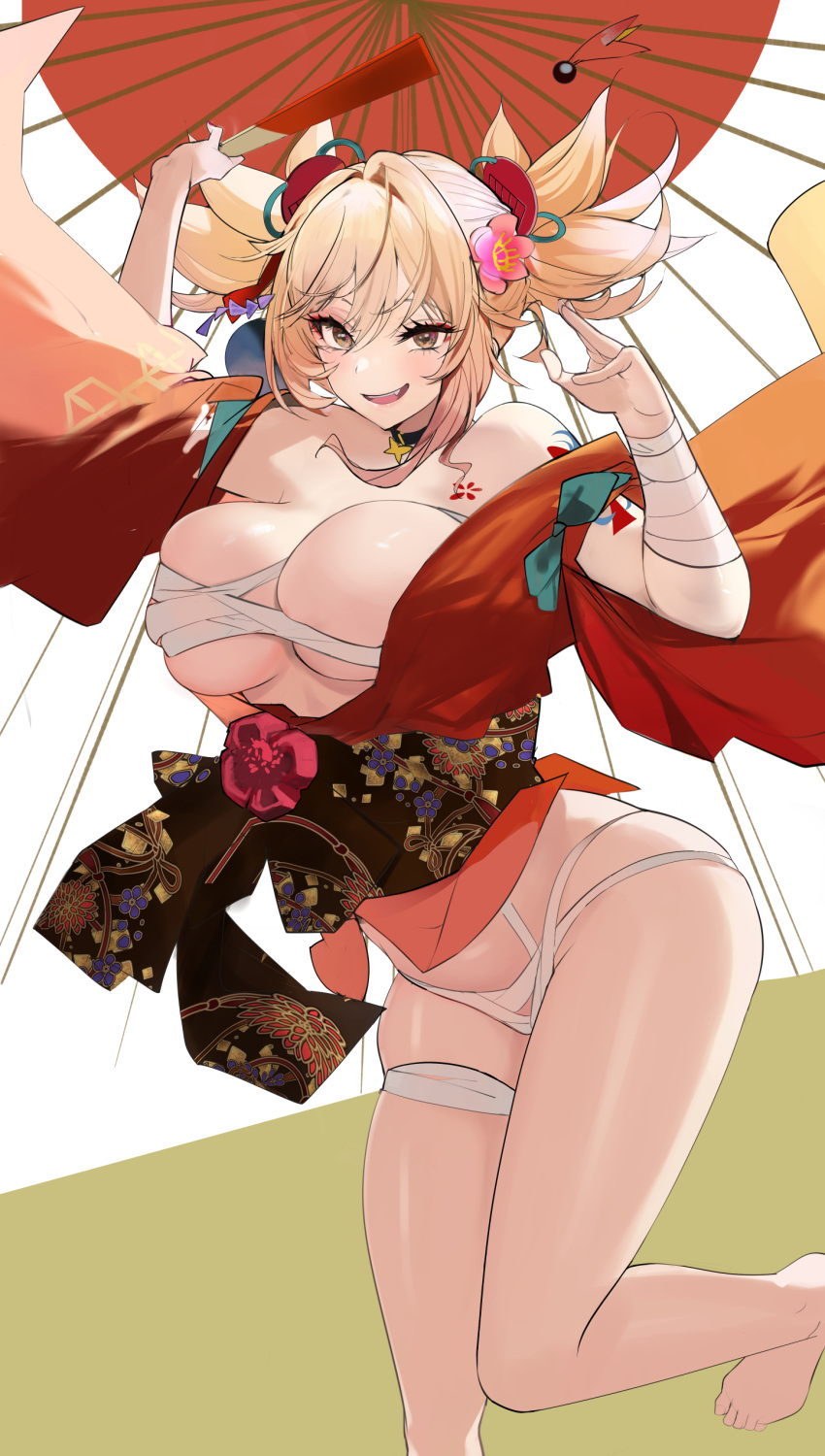 absurdres alternate_hairstyle bandaged_arm bandages bare_shoulders blonde_hair blush breasts brown_eyes choker cleavage female genshin_impact hareno_chiame highres japanese_clothes kimono large_breasts long_hair long_sleeves looking_at_viewer off_shoulder open_mouth orange_kimono sarashi sash smile solo tattoo thighs twintails wide_sleeves yoimiya_(genshin_impact)