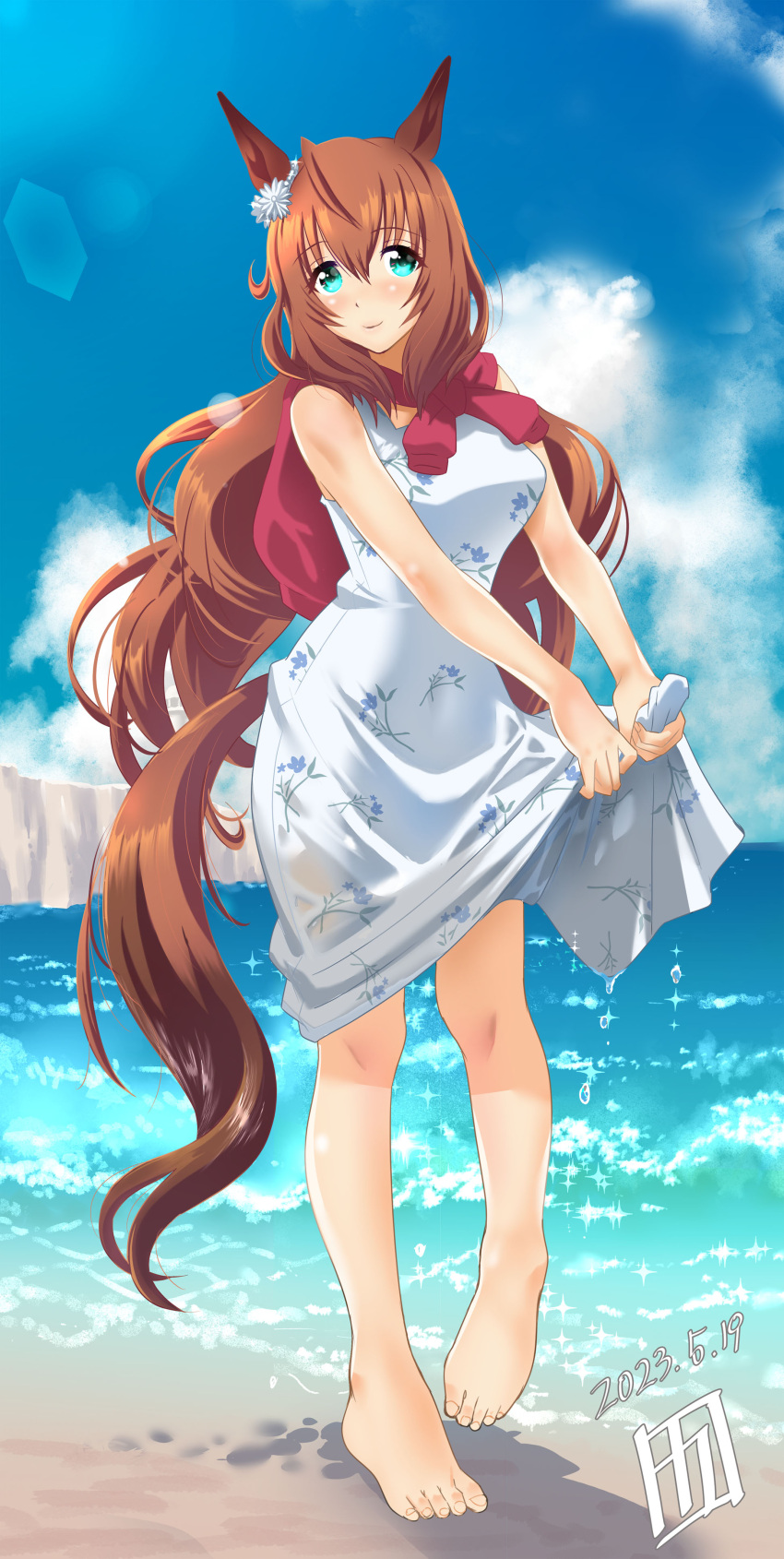 absurdres animal_ears bare_shoulders barefoot beach black_bow blue_sky blush bow breasts brown_hair commentary_request dated day dress ear_bow ear_ornament feet female hair_between_eyes hairbow highres horse_ears horse_girl kazakoshi_nonta lens_flare long_hair looking_at_viewer maruzensky_(umamusume) medium_breasts neckerchief ocean official_alternate_costume outdoors red_neckerchief sand sky sleeveless sleeveless_dress smile solo toes umamusume very_long_hair water wet wet_clothes wet_dress white_dress wringing_clothes wringing_dress