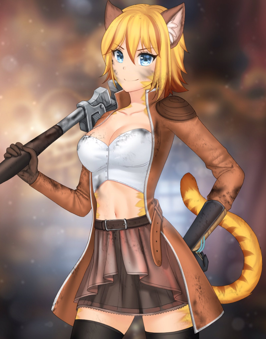 adjustable_wrench animal_ear_fluff animal_ears belt black_thighhighs blonde_hair blue_eyes blurry blurry_background body_fur breasts brown_coat brown_skirt cat_ears cat_girl cat_tail coat collarbone commentary commission cowboy_shot crop_top dirty dirty_face english_commentary female gigamessy gloves hand_on_own_hip highres holding holding_wrench light_particles looking_at_viewer medium_breasts medium_hair midriff navel open_clothes open_coat original pleated_skirt second-party_source shirt skirt smile solo standing tail thighhighs white_shirt wrench