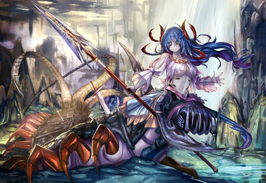 arthropod_girl arthropod_horns arthropod_limbs arthropod_tail black_scales blue_hair breasts clothing_cutout colored_skin commentary_request covered_eyes fangs fangs_out fantasy female gorget holding holding_polearm holding_weapon long_hair looking_at_viewer medium_breasts monster_girl multicolored_skin original phima pixiv_fantasia pixiv_fantasia_t polearm puffy_sleeves purple_ribbon purple_scales red_scales ribbon rock sharp_tail shirt smile solo spear sword sword_on_back taur underboob underboob_cutout underground weapon weapon_on_back white_shirt