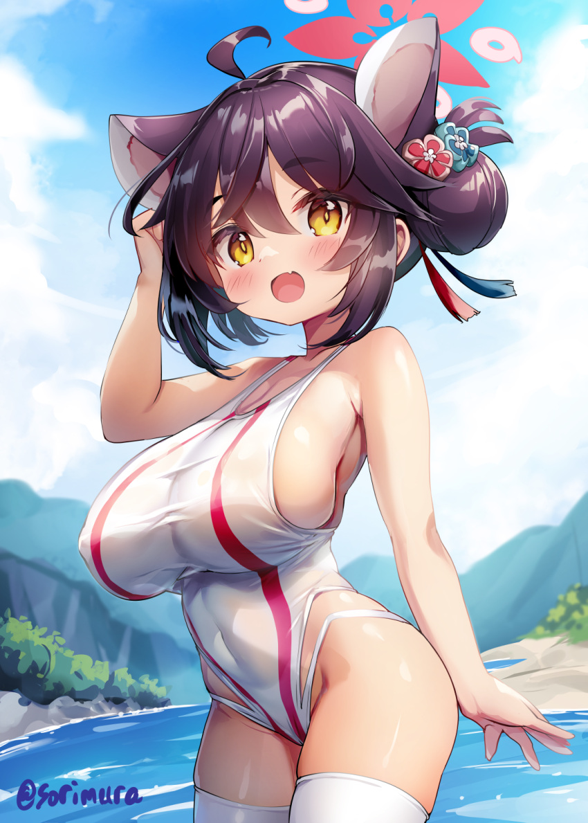 :d animal_ears black_hair blue_archive blue_sky blush breasts cloud commentary_request covered_navel day female hair_ornament halo highres kaede_(blue_archive) large_breasts looking_at_viewer one-piece_swimsuit open_mouth oppai_loli outdoors red_halo short_hair sky smile solo sorimura_youji swimsuit twitter_username white_one-piece_swimsuit yellow_eyes