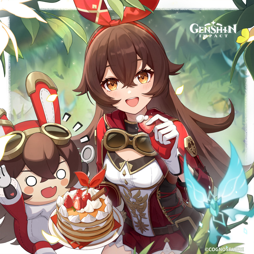 absurdres amber_(genshin_impact) baron_bunny_(genshin_impact) breasts brown_eyes brown_hair cleavage crystalfly_(genshin_impact) female food fruit genshin_impact goggles goggles_around_neck highres holding holding_food holding_fruit long_hair long_sleeves official_art pancake small_breasts strawberry upper_body very_long_hair