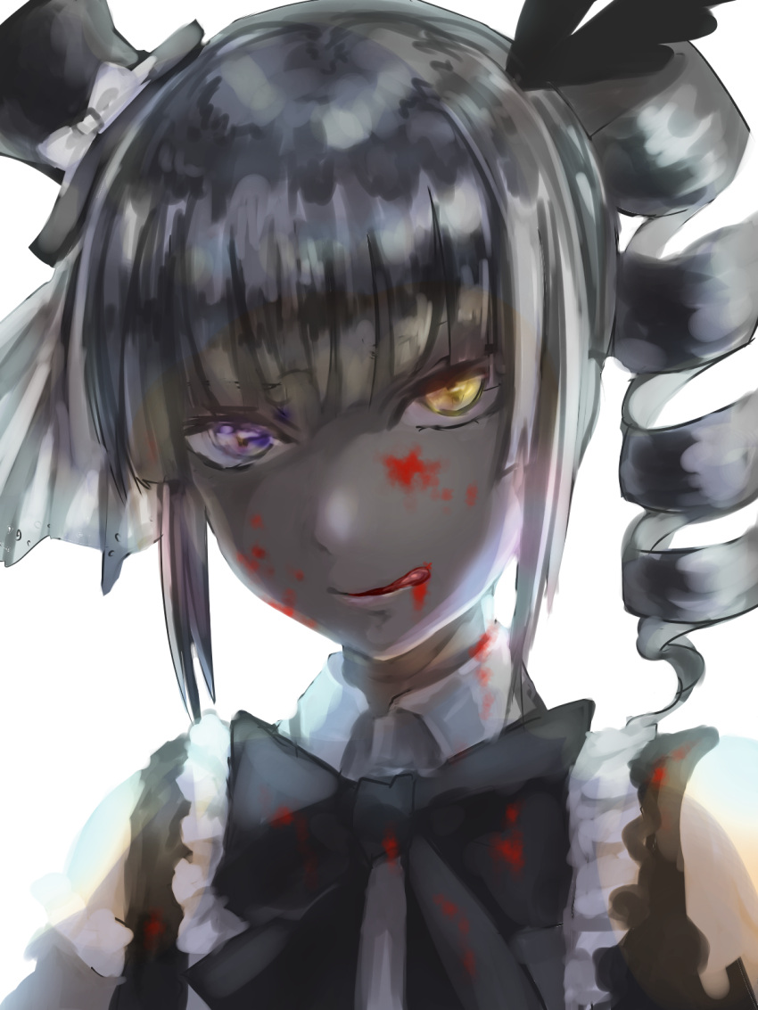 black_bow blood blood_on_clothes blood_on_face bow drill_hair eyelashes female grey_hair haishima_kagari hat heterochromia highres licking_lips looking_at_viewer maid mini_hat mini_top_hat purple_eyes ryuu_no_nukegara school_girl_strikers solo tongue tongue_out top_hat white_background yandere yellow_eyes