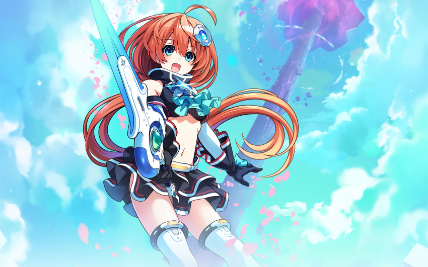 blue_eyes clouds elbow_gloves gloves kannuki_natsume long_hair manamitsu orange_hair petals ponytail sword thighhighs tokyo_clanpool weapon