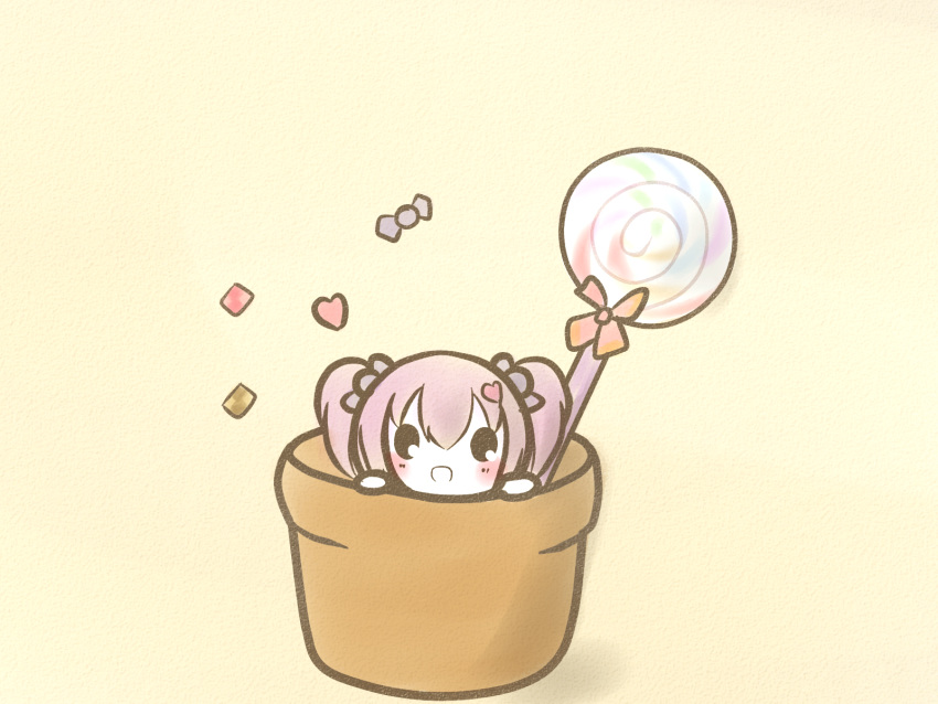 :o beige_background blush candy chibi commentary_request female flower_knight_girl flower_pot food hair_ornament heart heart_hair_ornament highres iberis_(flower_knight_girl) in_container koti light_purple_hair lollipop looking_at_viewer open_mouth partial_commentary smile solid_oval_eyes solo swirl_lollipop twintails wrapped_candy