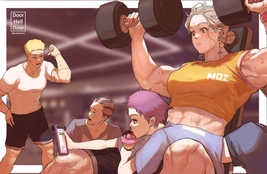 2boys 2girls black_shorts blue_shirt character_name commentary copyright_name crop_top dorohedoro earrings ebisu_(dorohedoro) exercising feet_out_of_frame food fujita_(dorohedoro) grey_hair grey_shirt hair_bun highres holding holding_phone ice_cream jewelry korean_commentary midriff multiple_boys multiple_girls muscular muscular_female noi_(dorohedoro) open_mouth orange_eyes orange_shirt park_ongjol phone profile scar shin_(dorohedoro) shirt shorts single_hair_bun sleeveless sleeveless_shirt sweat weightlifting weights white_shirt