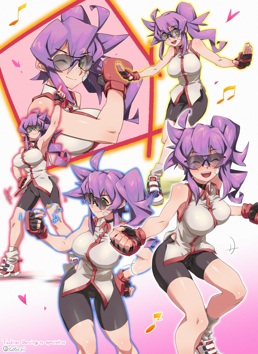 bandage_on_face bandages bandaid bare_shoulders bike_shorts black_shorts blush breasts closed_mouth coso-ri dancer dancing female fingerless_gloves glasses glove_in_mouth gloves green_eyes gym_shorts hair_between_eyes highres large_breasts long_hair looking_at_viewer mouth_hold music nervous_sweating open_mouth original purple_hair shirt shoes short_hair shorts side_ponytail sleeveless sleeveless_shirt smile sneakers socks sweat thighhighs torn_clothes torn_shorts umizakura_tachimi