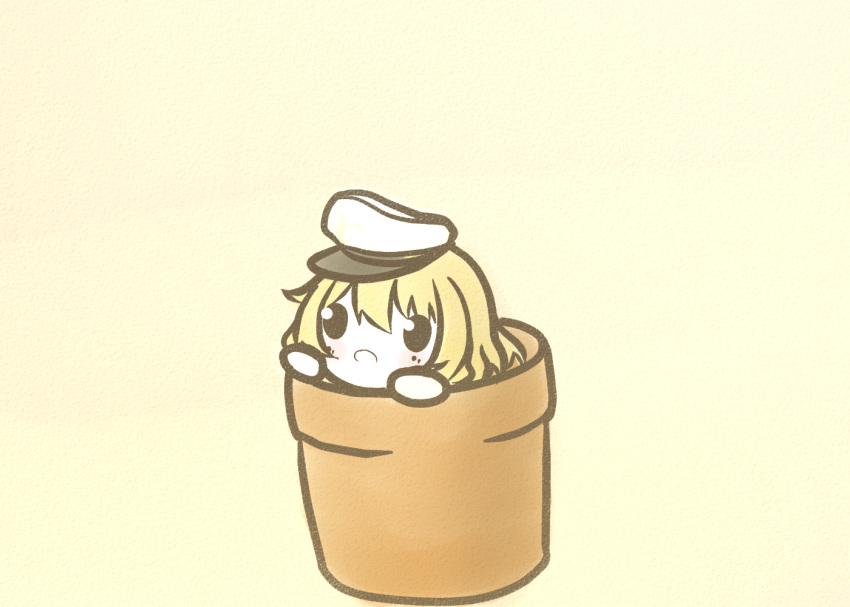 :o beige_background blonde_hair blush chibi commentary_request female flower_knight_girl flower_pot hat in_container koti open_mouth solid_oval_eyes solo white_hat yuri_(flower_knight_girl)