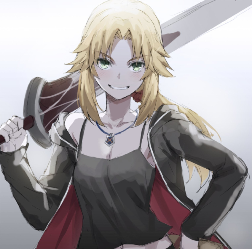 artoria_pendragon_(fate) backlighting black_camisole black_jacket blonde_hair blush breasts camisole clarent_(fate) cleavage collarbone cosplay cross cross_necklace fate/apocrypha fate/grand_order fate_(series) female gradient_background green_eyes grey_background grin highres jacket jewelry long_hair long_sleeves looking_at_viewer low_ponytail mordred_(fate) mordred_(fate/apocrypha) necklace official_alternate_costume open_clothes open_jacket over_shoulder parted_bangs ponytail saber_alter saber_alter_(cosplay) saber_alter_(ver._shinjuku_1999)_(fate) saber_alter_(ver._shinjuku_1999)_(fate)_(cosplay) saltire sidelocks small_breasts smile sword tonee weapon weapon_over_shoulder