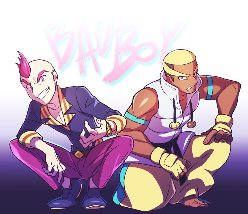 2boys barefoot blonde_hair brown_hair clenched_teeth collarbone commentary_request dark-skinned_male dark_skin fingerless_gloves frown gloves hand_on_own_knee highres male_focus marshal_(pokemon) momoji_(lobolobo2010) multicolored_hair multiple_boys pants parted_lips pokemon pokemon_bw pokemon_oras purple_pants shoes short_hair sidney_(pokemon) smile squatting teeth toes two-tone_hair watch wristwatch yellow_gloves yellow_pants