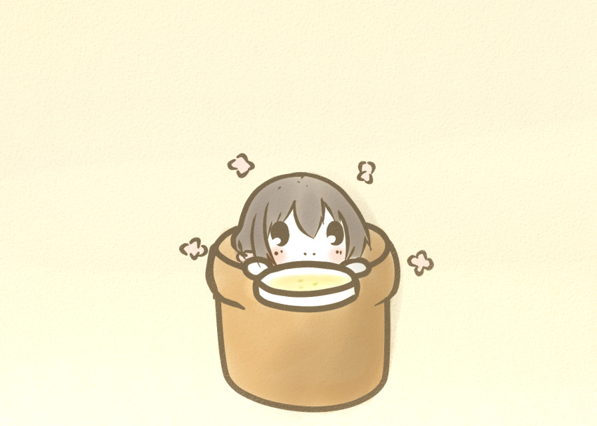 beige_background black_hair blush chibi commentary_request female flower_knight_girl flower_pot holding holding_plate in_container koti looking_at_viewer night_phlox_(flower_knight_girl) petals plate smile solid_oval_eyes solo