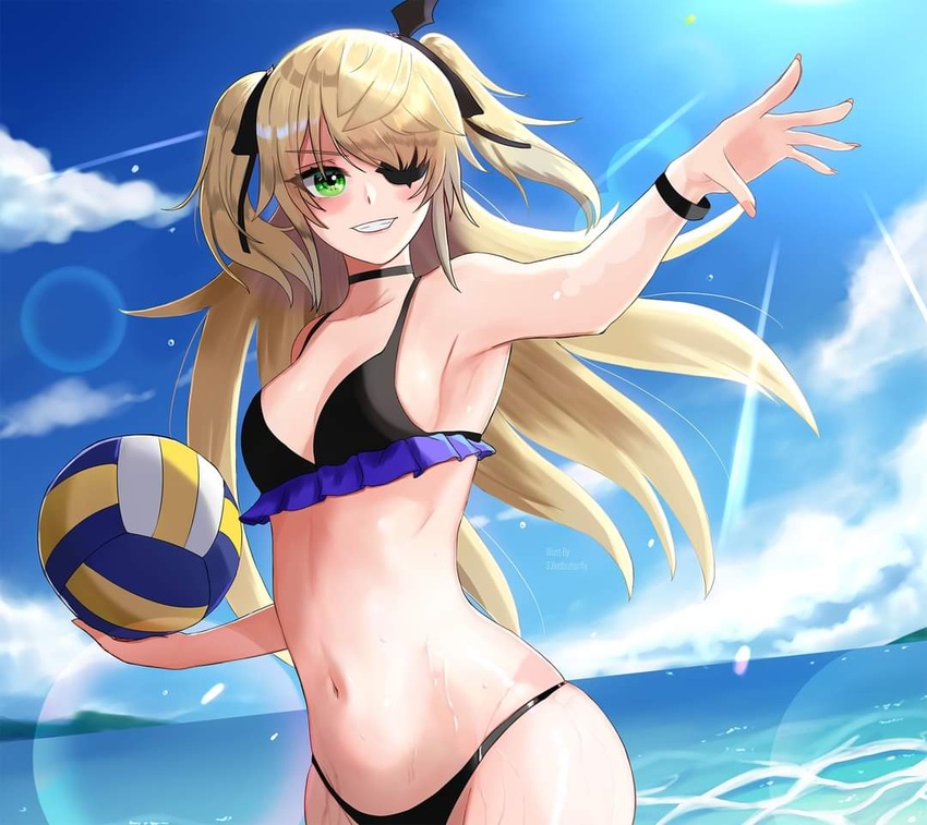 armpits ball beach bikini blonde_hair breasts eyepatch female fischl_(genshin_impact) genshin_impact green_eyes hair_between_eyes long_hair looking_at_viewer medium_breasts navel ocean outdoors s_redbutterfly smile solo stomach swimsuit two_side_up volleyball volleyball_(object)