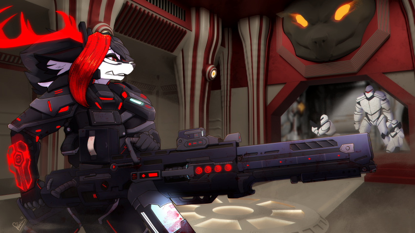 16:9 2022 anthro antlers arena armor big_gun black_body black_fur black_hair canid canine clothed clothing digital_media_(artwork) female feretta fox fur group gun hair handgun hi_res horn inside mammal multi_ear ranged_weapon red_eyes red_hair rifle science_fiction shaded uniform venitavi weapon white_body white_fur widescreen