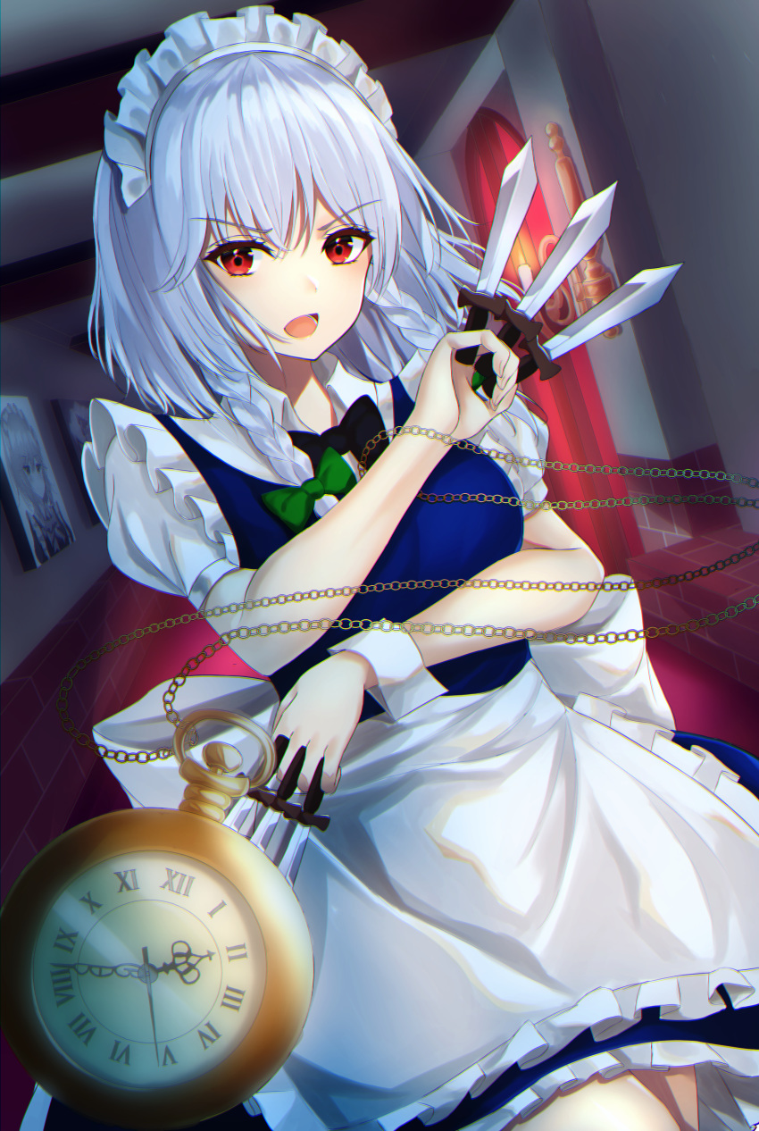 7saki absurdres apron arms_up bad_id bad_pixiv_id between_fingers black_bow black_bowtie blue_skirt blue_vest blurry blurry_background blurry_foreground bow bowtie braid breasts chains commentary cowboy_shot dutch_angle female furrowed_brow grey_hair hair_ribbon hallway highres holding holding_knife indoors izayoi_sakuya knife looking_at_viewer maid_headdress medium_breasts open_mouth photo_(object) pocket_watch puffy_short_sleeves puffy_sleeves red_carpet red_eyes ribbon roman_numeral sconce shirt short_hair short_sleeves skirt solo standing touhou tress_ribbon twin_braids vest waist_apron watch white_shirt wrist_cuffs