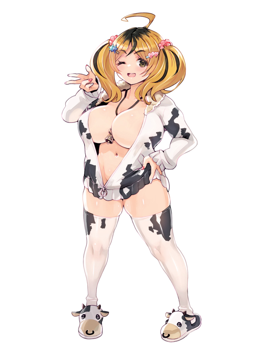 ahoge animal-themed_footwear animal_print black_hair blonde_hair breasts brown_eyes center_opening cow_print dairoku_ryouhei female full_body hair_ornament hairclip heart heart_hair_ornament highres huge_breasts jewelry long_hair long_sleeves looking_at_viewer multicolored_hair multicolored_nails navel necklace one_eye_closed open_mouth parted_bangs photoshop_(medium) red_nails ryoji_(nomura_ryouji) slippers solo standing star_(symbol) star_hair_ornament streaked_hair thick_thighs thighhighs thighs transparent_background two-tone_hair white_nails