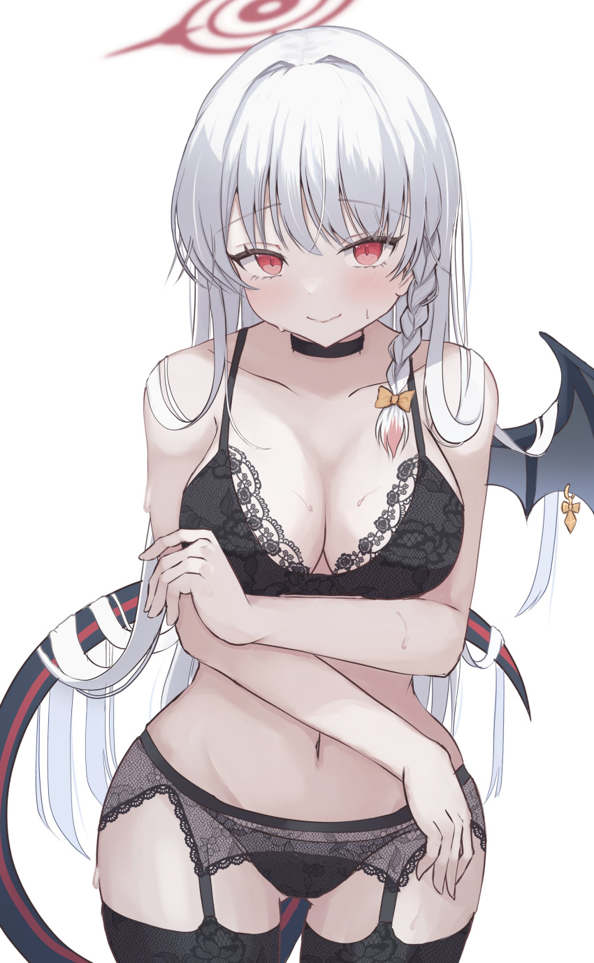 absurdres black_bra black_choker black_panties black_tail black_thighhighs black_wings blue_archive blush bra braid breasts choker cleavage closed_mouth collarbone cowboy_shot demon_tail demon_wings fake_wings female grey_hair halo haruna_(blue_archive) highres kirin_(kirin1023) large_breasts long_hair looking_at_viewer navel panties red_eyes red_halo side_braid simple_background single_wing solo tail thighhighs underwear white_background wings