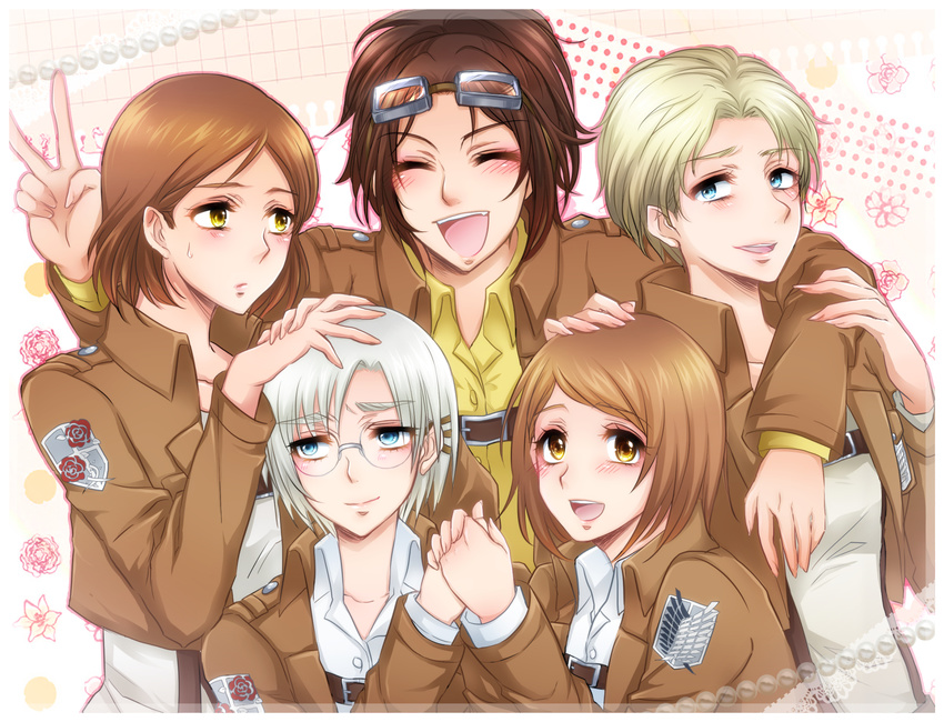 5girls anka_rheinberger black_hair blonde_hair blue_eyes blush brown_hair closed_eyes commentary_request emblem garrison_regiment_(emblem) glasses hange_zoe highres holding_hands jacket kiraki multiple_girls nanaba paradis_military_uniform petra_ral ponytail rico_brzenska shingeki_no_kyojin short_hair smile survey_corps_(emblem) uniform v yellow_eyes