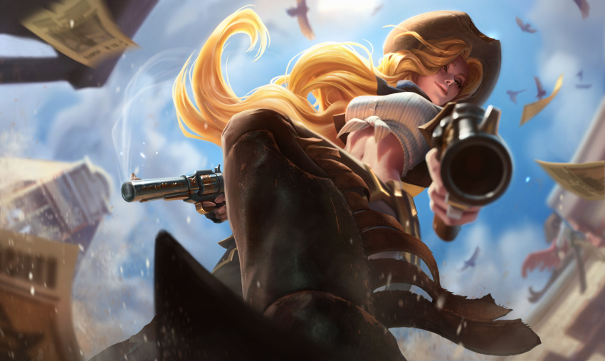 aiming aiming_at_viewer alternate_costume blonde_hair boots chaps commentary cowboy cowboy_boots cowboy_hat cowboy_western cowgirl_miss_fortune crop_top day dirt dual_wielding english_commentary female foreshortening freckles from_below front-tie_top gun handgun hat highres holding jessica_oyhenart league_of_legends lips long_hair midriff miss_fortune_(league_of_legends) navel nose official_art revolver shoe_soles sky smoke smoking_barrel solo weapon