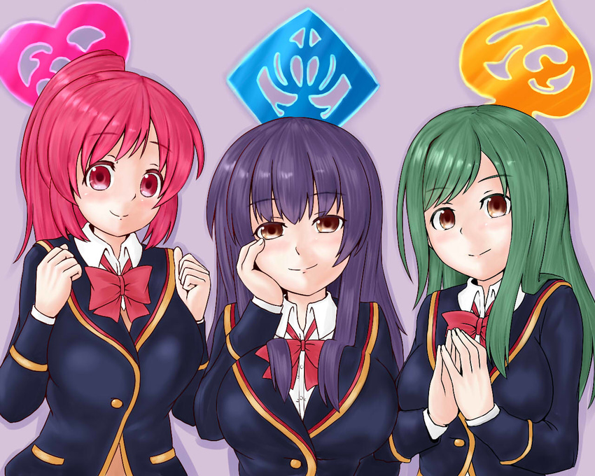 3girls aroe_nankou asami_kei bad_id bad_pixiv_id black_hair blazer bow bowtie brown_eyes collared_shirt girlfriend_(kari) green_hair hand_on_own_cheek hand_on_own_face jacket kagurazaka_saya kokonoe_shinobu long_hair long_sleeves multiple_girls pink_hair ponytail purple_hair red_bow red_bowtie red_eyes red_hair school_uniform shirt symbol upper_body very_long_hair