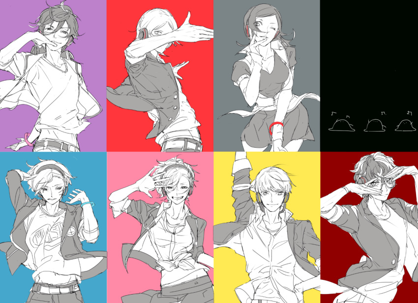 2girls 5boys a_(xxxnulll) amamiya_ren amano_maya arm_up bad_id bad_twitter_id bracelet crossover glasses headphones jewelry multicolored_background multiple_boys multiple_girls narukami_yuu persona persona_1 persona_2 persona_2_tsumi persona_3 persona_3:_dancing_moon_night persona_4 persona_4:_dancing_all_night persona_5 persona_5:_dancing_star_night persona_dancing shiomi_kotone smile suou_tatsuya toudou_naoya yuuki_makoto_(persona_3)