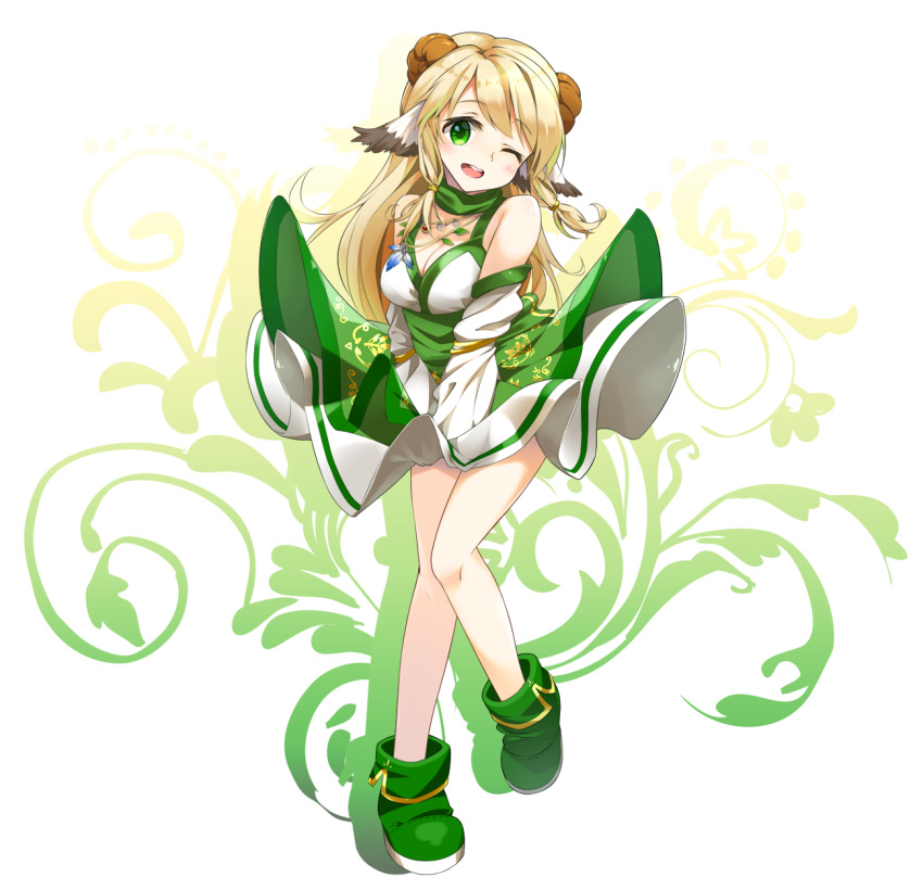 blonde_hair blush boots breasts cleavage commentary_request detached_sleeves dress female full_body green_dress green_eyes green_footwear head_tilt highres horns kutata long_hair long_sleeves looking_at_viewer medium_breasts nagi_(tartaros_online) one_eye_closed solo standing standing_on_one_leg tartaros_online very_long_hair white_background wind wind_lift