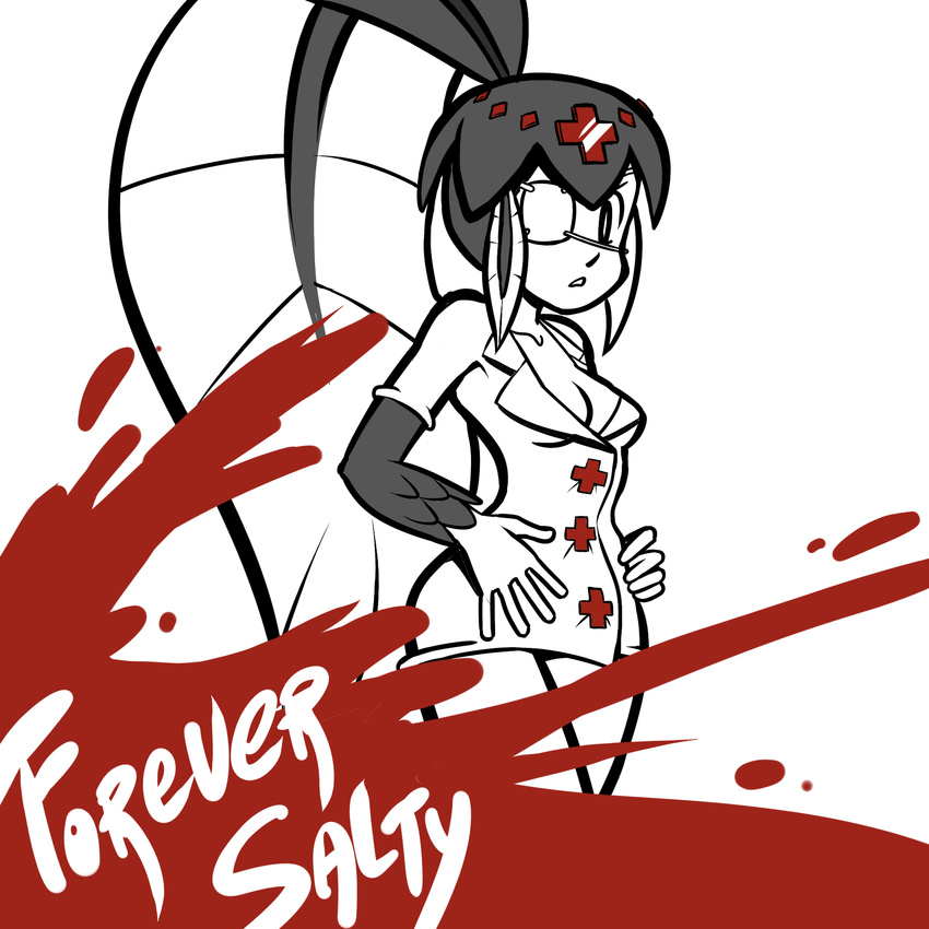 blood breasts cleavage commentary cosplay cross dress english_commentary eyepatch female fins fish_girl hair_ornament head_fins highres josue_pereira minette_(skullgirls) monochrome monster_girl narrow_waist nurse red_cross scales short_dress skullgirls small_breasts solo spot_color valentine_(skullgirls) valentine_(skullgirls)_(cosplay)