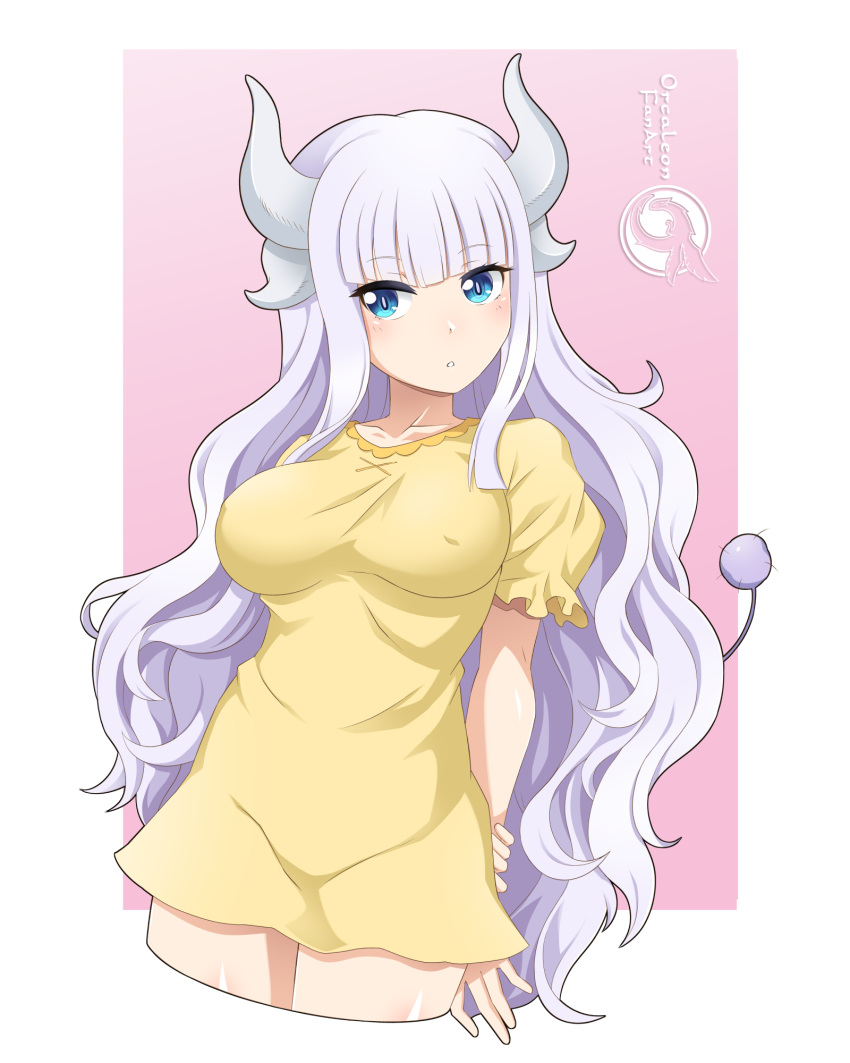 aged_up arms_behind_back blue_eyes blunt_bangs blush border breasts covered_nipples cropped_legs dragon_girl female highres holding_own_arm horns kanna_kamui kobayashi-san_chi_no_maidragon light_purple_hair long_hair medium_breasts nightgown orcaleon pink_background solo tail transparent_border very_long_hair