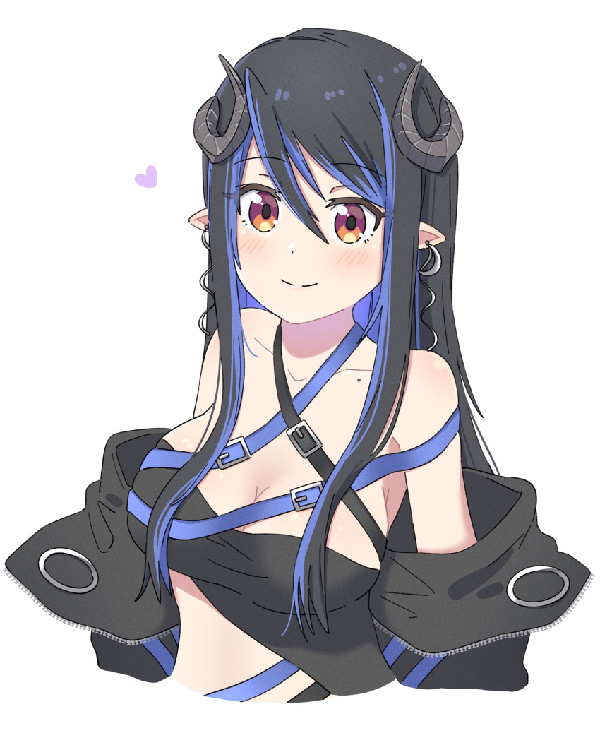 bandeau belt black_bandeau black_belt black_hair black_jacket blue_belt blue_hair blush breasts brown_eyes chest_belt closed_mouth collarbone commentary_request curled_horns demon_girl demon_horns female grey_horns hair_between_eyes heart hebiyoi_tier hebiyoi_tier_(1st_costume) highres horns ikacho_(_ika_cho) jacket large_breasts long_hair long_sleeves looking_at_viewer mole mole_on_collarbone multicolored_hair nanashi_inc. off_shoulder open_clothes open_jacket pointy_ears sidelocks simple_background smile solo sugar_lyric two-tone_hair upper_body virtual_youtuber white_background