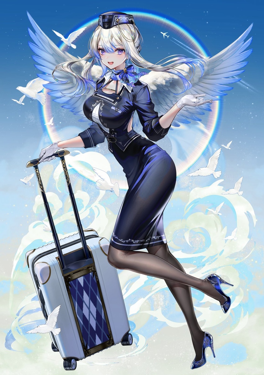 aircraft airplane animal arm_at_side bird black_pantyhose blue_footwear blue_hair blue_jacket blue_ribbon blue_skirt blue_sky breasts choker colored_tips contrail dove employee_uniform female flight flight_attendant flight_attendant_hat full_body gloves hair_between_eyes high-waist_skirt high_heels highres holding holding_luggage holding_suitcase jacket large_breasts legs light_blush long_hair long_legs looking_at_viewer medium_skirt multicolored_hair original outstretched_hand pantyhose pencil_skirt pumps purple_eyes ribbon ribbon_choker rolling_suitcase sidelocks skirt sky smile solo standing standing_on_one_leg star_(sky) starry_sky suitcase sun_halo tarutaru_yamaoka tight_clothes travel_attendant uniform white_gloves white_hair wings