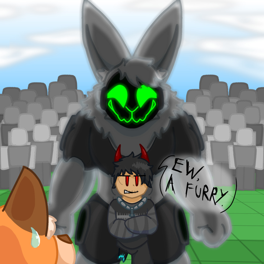 1:1 ambiguous_gender bodily_fluids canid canine crossed_arms crowd darli_buni dialogue fox group hi_res horn human hybrid lagomorph leporid machine male mammal missing_leg muscular protogen rabbit roblox robloxian sewn_mouth sweat sweatdrop threatening