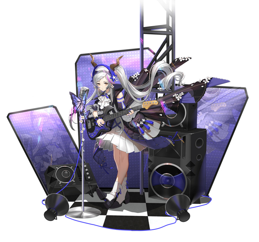 ark_order ascot bass_guitar black_jacket black_scrunchie blue_butterfly blue_nails blue_ribbon braid braided_bangs bug butterfly cable checkered_floor detached_sleeves dress duzie_e faux_figurine female full_body hair_ornament headphones highres holding holding_instrument horns instrument jacket long_hair long_sleeves looking_at_viewer microphone_stand multicolored_hair music neck_ribbon official_alternate_costume official_art parted_lips persephone_(ark_order) pink_hair playing_instrument pleated_dress puffy_long_sleeves puffy_sleeves ribbon scrunchie solo speaker stage star_(symbol) star_hair_ornament streaked_hair transparent_background twintails very_long_hair white_ascot white_dress white_hair wrist_scrunchie