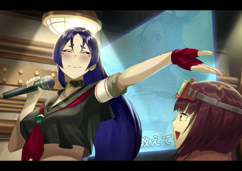 2girls beppu_mitsunaka black_sailor_collar black_serafuku black_shirt breasts brown_hair choker closed_eyes collarbone crop_top crop_top_overhang fate/grand_order fate_(series) fingerless_gloves gloves goggles goggles_on_head highres himiko_(fate) himiko_(first_ascension)_(fate) large_breasts long_hair looking_at_viewer low-tied_long_hair microphone minamoto_no_raikou_(fate) minamoto_no_raikou_(swimsuit_lancer)_(fate) minamoto_no_raikou_(swimsuit_lancer)_(second_ascension)_(fate) monitor multiple_girls neckerchief osakabehime_(fate) osakabehime_(swimsuit_archer)_(fate) osakabehime_(swimsuit_archer)_(second_ascension)_(fate) parted_bangs purple_eyes purple_hair red_gloves red_neckerchief sailor_collar school_uniform serafuku shirt short_sleeves tearing_up very_long_hair