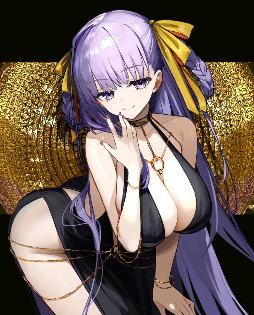 bb_dubai_(fate) black_dress braided_hair_rings breasts chains chef_no_kimagure_salad cleavage commentary_request dress fate/grand_order fate_(series) female gold gold_chain hair_ribbon highres large_breasts leaning_forward long_hair looking_at_viewer purple_eyes purple_hair red_nails ribbon smile solo standing very_long_hair yellow_ribbon