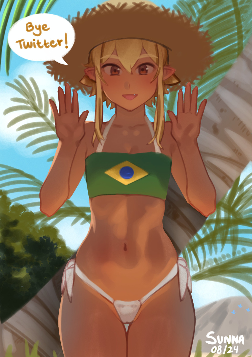 :d absurdres artist_name bikini blonde_hair brazilian_flag_print commentary cowboy_shot dark-skinned_female dark_skin dated elf english_commentary english_text female green_tube_top hands_up hat highres looking_at_viewer navel nil_sunna oerba_yun_fang original outdoors palm_tree pointy_ears short_hair_with_long_locks side-tie_bikini_bottom smile solo speech_bubble straight-on strapless straw_hat sunna_(nilsunna) swimsuit thigh_gap thighs tree tube_top white_bikini