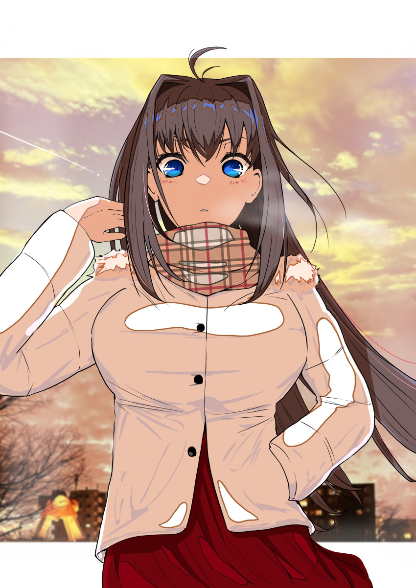 absurdres ahoge aozaki_aoko blue_eyes breasts brown_hair commentary_request female hair_intakes hand_in_pocket highres i50paintlab jacket large_breasts letterboxed light_blush long_hair mahou_tsukai_no_yoru outdoors outside_border parted_lips plaid_clothes plaid_scarf scarf solo white_jacket