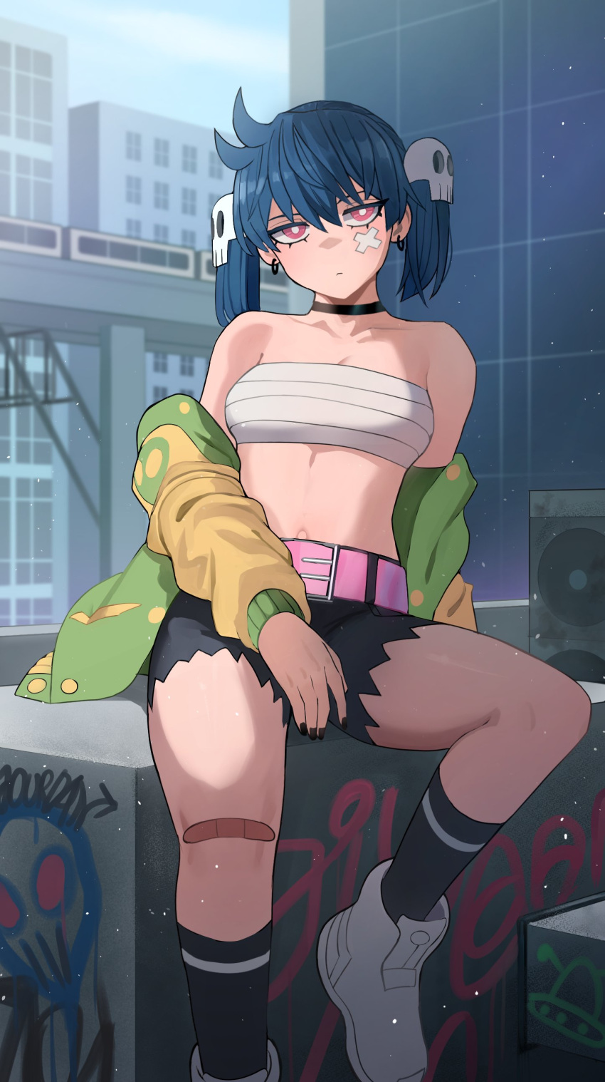 absurdres bandages bandaid bandaid_on_knee bandaid_on_leg bandeau bare_shoulders belt black_choker black_nails black_shorts blue_hair blue_sky boots breasts bright_pupils chest_sarashi choker day female hair_ornament highres ji-yoon_(jourd4n) jourd4n looking_at_viewer midriff nail_polish navel off_shoulder original pink_belt pink_eyes sarashi short_hair short_shorts shorts sitting skull_hair_ornament sky small_breasts solo stomach strapless thighs tube_top twintails white_footwear white_pupils