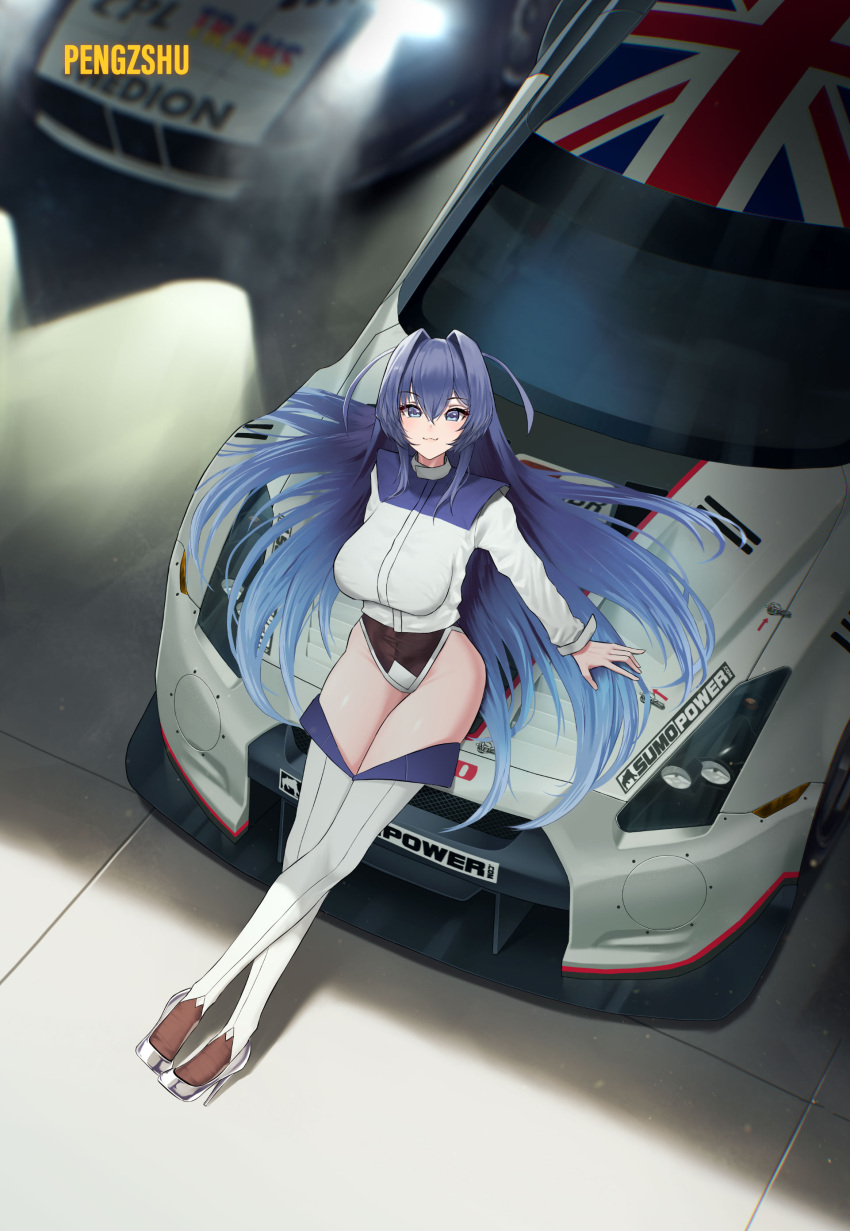 absurdres azur_lane blue_eyes blue_hair breasts car female hair_intakes highres large_breasts leotard long_hair looking_at_viewer motor_vehicle new_jersey_(azur_lane) nissan nissan_gt-r pengzshu race_queen smile thighhighs very_long_hair