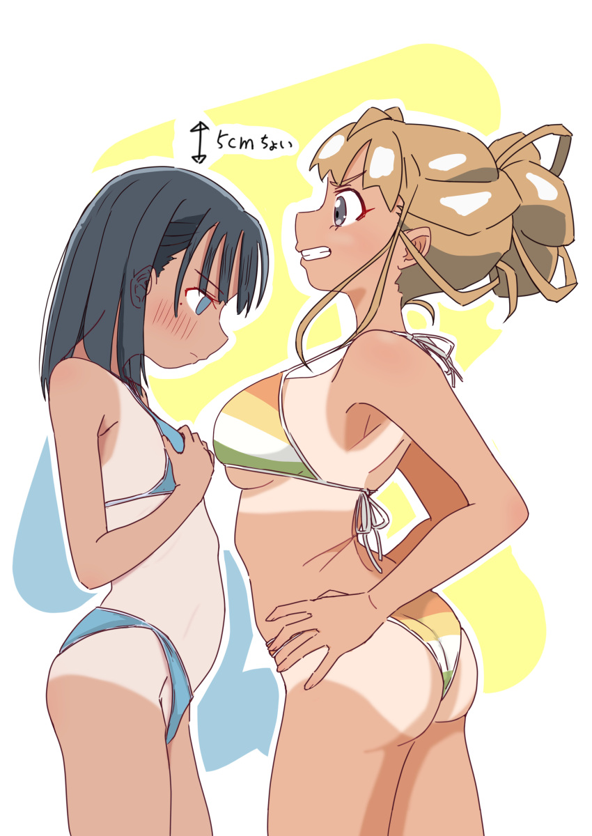 2girls absurdres ass bare_arms bare_shoulders bikini bikini_tan black_hair blue_bikini blue_eyes blush breast_contest breast_envy breasts brown_hair closed_mouth commentary_request cowboy_shot eniwa_shii green_bikini grey_eyes grin groin hair_bun hands_on_own_breasts hands_on_own_hips height_difference highres large_breasts long_hair miyake_hinata mole mole_under_eye multicolored_bikini multicolored_clothes multiple_girls no_pupils one-piece_tan orange_bikini profile sin_rg single_hair_bun small_breasts smile sora_yori_mo_tooi_basho striped_bikini striped_clothes super_cub swimsuit tan tanlines teeth white_bikini yellow_bikini