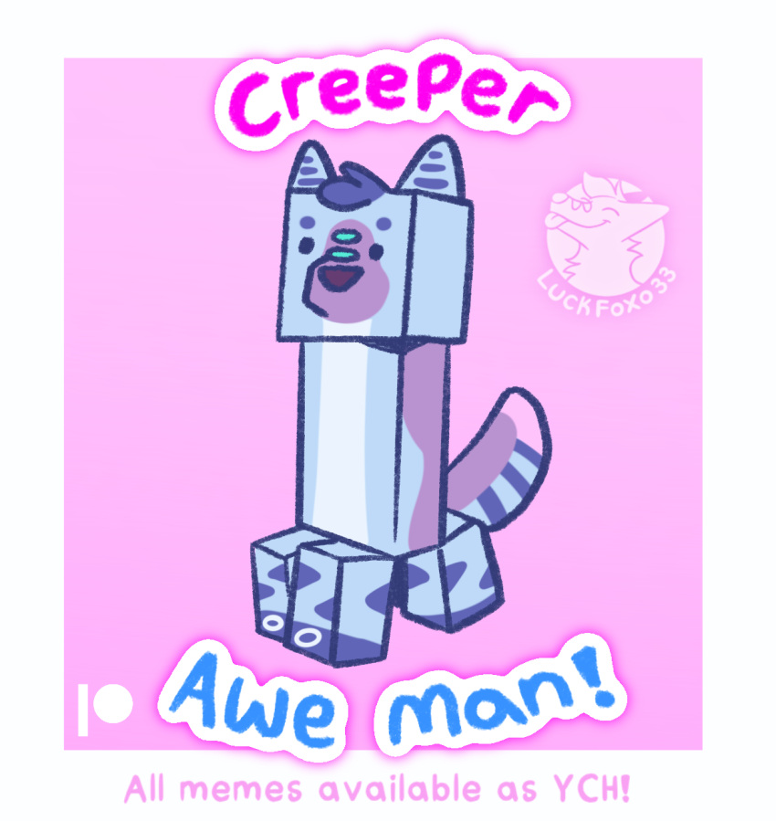 andromorph_(lore) blue_body blue_fur blue_hair canid canine creeper_(minecraft) dot_eyes english_text feral fox fur green_markings hair hi_res humor luckfoxo33 male mammal markings microsoft minecraft mojang mouthless pink_background purple_body purple_fur quadruped simple_background solo text trans_(lore) trans_man_(lore) xbox_game_studios