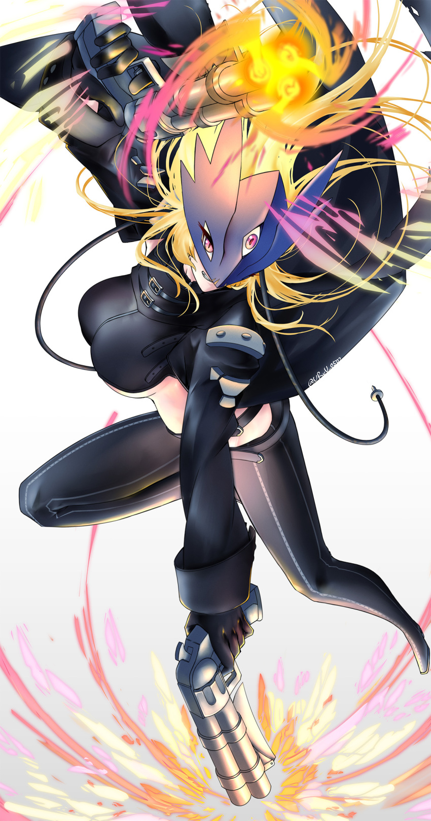 beelstarmon black_coat black_gloves black_pants black_shirt blonde_hair breasts coat cropped_shirt digimon digimon_(creature) dual_wielding female firing gloves gun highres holding holding_gun holding_weapon jiyuuya large_breasts long_hair multiple_barrel_gun open_clothes open_coat pants parted_lips purple_eyes shirt simple_background solo teeth third_eye twitter_username underboob weapon white_background